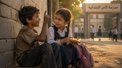 ولد صغير فقير، كان الجوع بينهش في جسمه قدام سور المدرسة