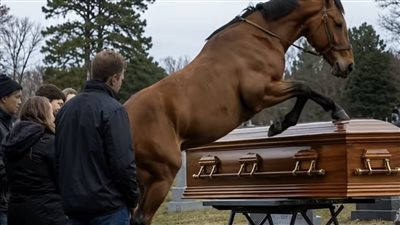 أثناء جنازة مزارع يبلغ من العمر 60 عامًا، اقتحم حصانه الوفي المقبرة بينما حاول عدة رجال إيقاف الحيوان الهائج، ثم بدأ يضرب غطاء النعش بعنف بحوافره. تجمّد جميع الحاضرين رعبًا عندما تشقق الغطاء ورأوا ما 